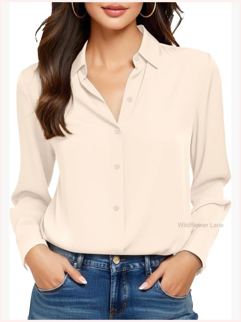 Non-Iron Wrinkle-Free Silk Blend Button Down Long Sleeve Blouse Work Top